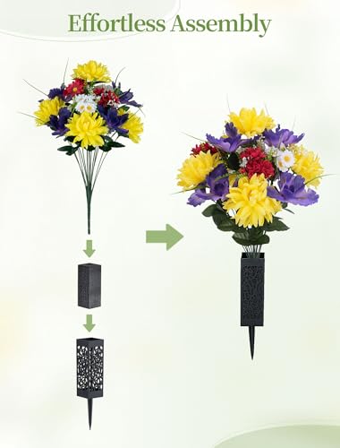 Artificial Memorial Flowers for Cemetery: 2 Pcs Cemetery Flowers for Grave Decorations - Realistic Yellow Mums Purple Iris Bouquets with Vases for Gravisite Outdoor - color: Purple & Yellow