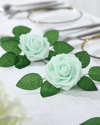 DuHouse 50Pcs Artificial Roses Flowers Fake Roses with Stems Real Touch Foam Flowers for DIY Wedding Bouquet Party Centerpiece Floral Arrangement Party Home Decor(Mint Green) - color: Mint Green, size: 50pcs