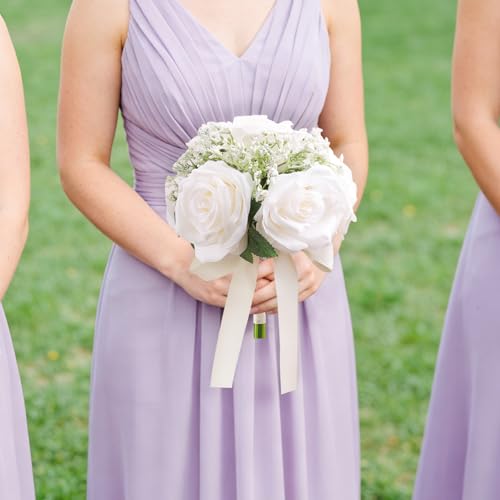 6.5 Inch Bridesmaid Bouquet Set of 6, Ivory Wedding Bouquets for Bridesmaids, Small Bridesmaid Bouquets for Wedding, Artificial Wedding Bouquet Flower, Floral Wedding Centerpieces - color: 6pcs Milk White Bouquets