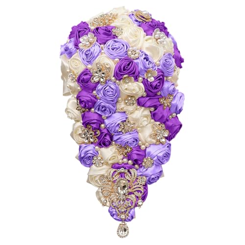 Handmade Satin Rose Water Drop Bridal Bouquet,8.7inch Crystal Wedding Round Tossing Bouquet,Jewelry Proposal Bridesmaid Bouquet Groom Corsage Bride Wrist Flower Ivory (07#Ivory Purple) - color: 07#ivory Purple