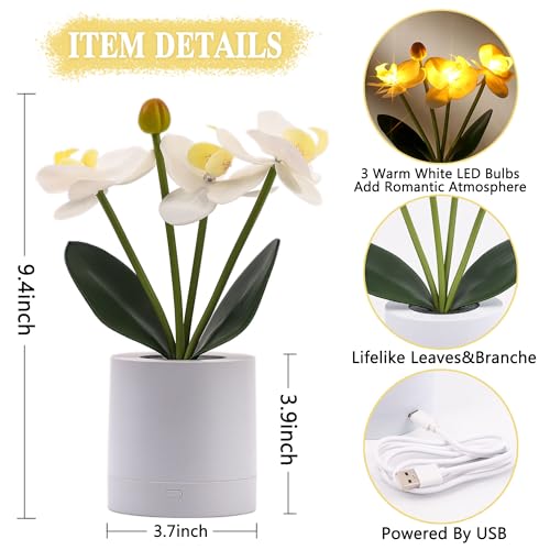 WSYEAR Flower Lamp Christmas Gifts for Her Women Wife Artificial Orchid Flower 3 Branches in White Pot, Realistic Fake Butterfly Orchid Bonsai for Living Room Decor - color: ORCHID