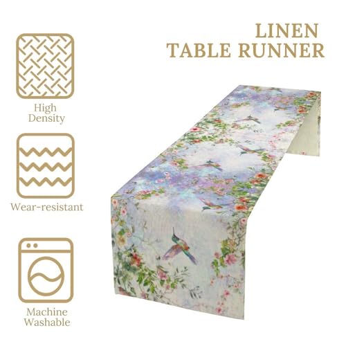 Hummingbird Floral Table Runner,Spring Vintage Flower Plant Print Table Runner for Holiday Kitchen Living Room Home Party Decor 13x36 Inch - color: Hummingbird-5, size: 13x36in