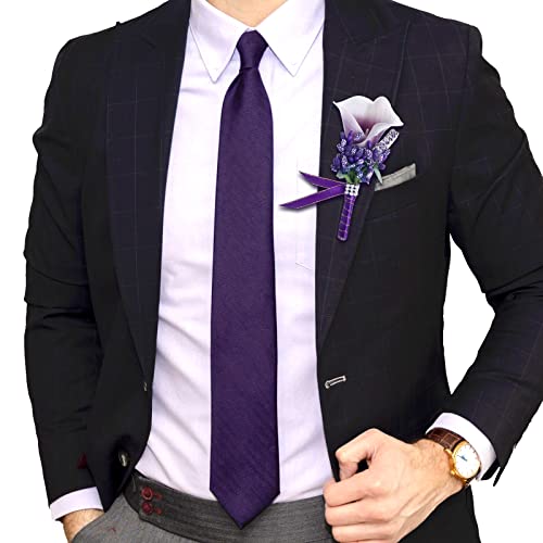 Calla Lily Boutonniere Men Wedding with Pins Set of 6, Handmade Picasso Calla Lily Groom Groomsman Boutonniere for Wedding Ceremony Anniversary (Purple) - color: Calla Lily- Purple, size: 6 Packs