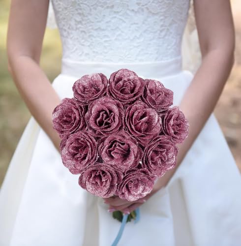 Glitter Roses Bouquet,30PCS Rose Gold Flowers Artificial Roses with Stems for Wedding Bouquet Party Christmas Home Decor(Rose Gold) - color: Rose Gold