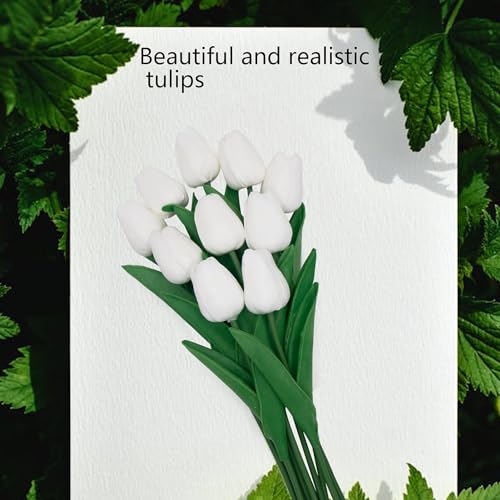 White Flowers Fake Tulips Artificial Flowers, 13 Inch Real Touch Tulip PU Flowers for Decoration, Vase, Mother's Day Easter Valentines Gifts 10 Pcs - color: White