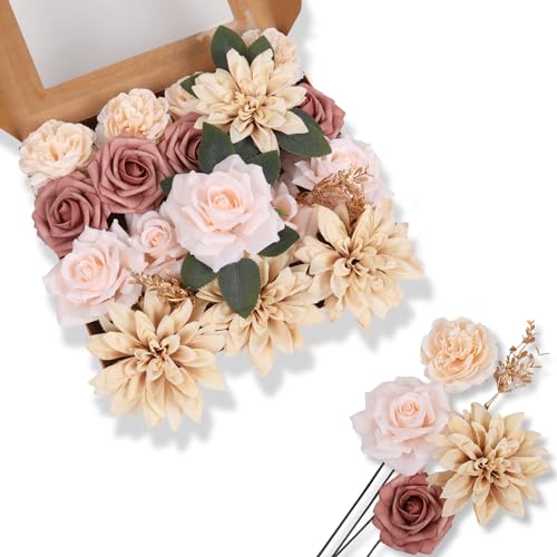 Artificial Flowers Combo Box Set Fall Fake Flowers Silk Mix Roses Peonies with Stems for DIY Bridal Wedding Decor Bouquets Centerpieces Baby Shower Party Home Decorations 21pcs - color: Champagne