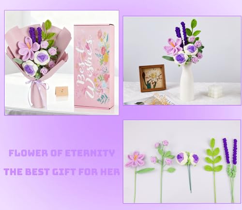Crochet Flower Bouquet Handmade Crochet Flowers Knitted Tulips Rose Bouquet for Valentines Birthday Party Home Decor Wedding for Women Lover Friends Daughter(Purple) - color: Z-purple