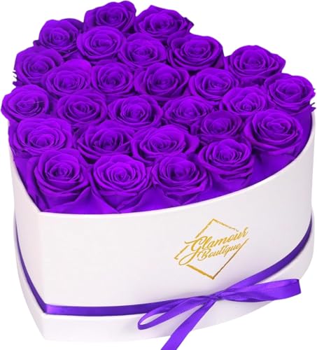 GLAMOUR BOUTIQUE Preserved Roses in a Box - Gifts for Her, Wife & Mom, Rose Flowers Forever Decor for Birthday Gift, Get Well Flower Bouquet Cased in White Box with Cover - Purple - 27 (Color-Treated) - color: Purple, size: 27 Roses Heart Box