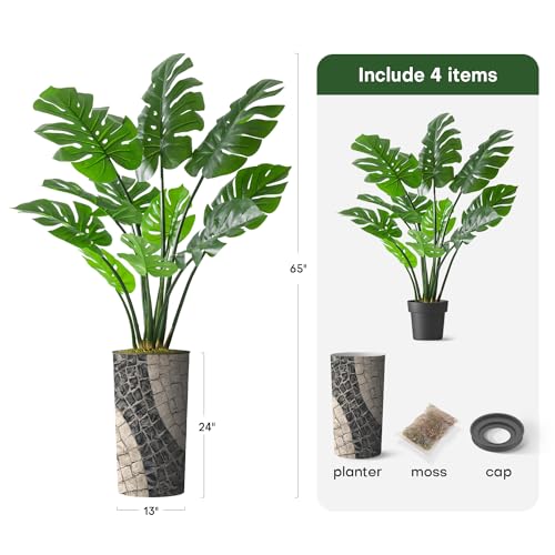 Artificial Tree in Geometric Pattern Planter, Fake Monstera Silk Tree for Indoor and Outdoor Home Decoration - 65" Overall Tall (Plant Pot Plus Tree) - style: Monstera Plant