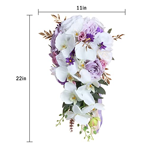Bridal Bouquets for Bride, 11 Inch Artificial Flowers Bridal Bouquet Cascading Wedding Bouquets for Bride for Wedding Ceremony and Anniversary(White Purple) - color: White Purple