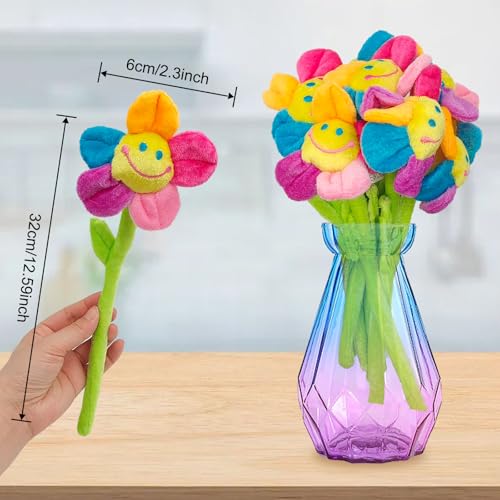 8 Pack Artificial Plush Flowers Colorful Curtain Buckle Tiebacks Cute Big Smile Face Plush Sunflower with Bendable Stems Bouquet for Home Kids Girls - color: Colorful Sunflower