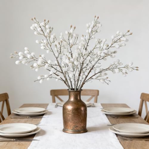 GnFlus 3Pcs Artificial Cotton Branches Fake White Flowers for Winter Spring Indoor Boho Decoration,Faux Long Stem Artificial Flowers for Wedding Home Office Bedroom Party Table Centerpieces - color: Cotton - White
