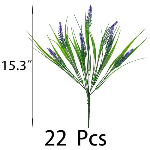 22 Bundles 7 ForK Faux Flowers For Outdoor Planters– Lavender Floral Artificial with Fake Tall Grass, UV Resistant artificial Outdoor Flowers for Garden Porch Window Patio Hanging Planter Home Decor