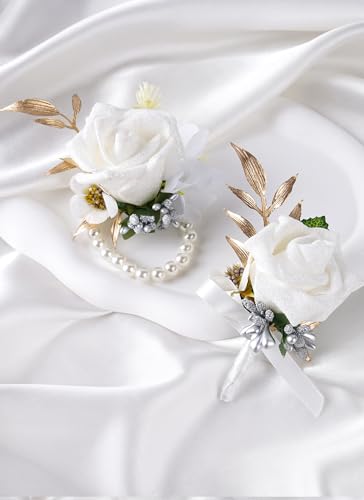 Boutonniere and Cosrage Set for Wedding - 2 Pcs Artificial Flowers Wrist Corsage and Boutonniere Set for Prom Dancing Party, Boutonniere Corsage Wristlet for Bride Groom Groomsmen Anniversary Ceremony - color: White