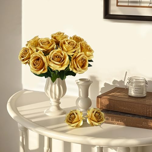 10 Pcs Gold Rose Artificial Flower, Faux Silk Flowers With Long Stems, Fake Roses Bulk Bouquet for Decoration Valentine's Day Centerpieces Proposal Bridal Bouquets Shower Party Home Floral Decor - color: Gold