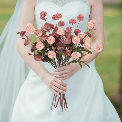 8 Stems Artificial Faux Kiku Flower with 3 Branches Eucalyptus Stems,Pink Fake Flowers Silk Pompom Mum Artificial Flowers for Wedding Bouquet Home Party Floral Arrangements(Mixed Pink) - color: Mixed Pink