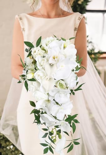 Bridal Bouquets for Bride,10 Inch White Wedding Bouquets for Bride for Ceremony Anniversary Wedding Bridal Shower(White Green) - color: White Green