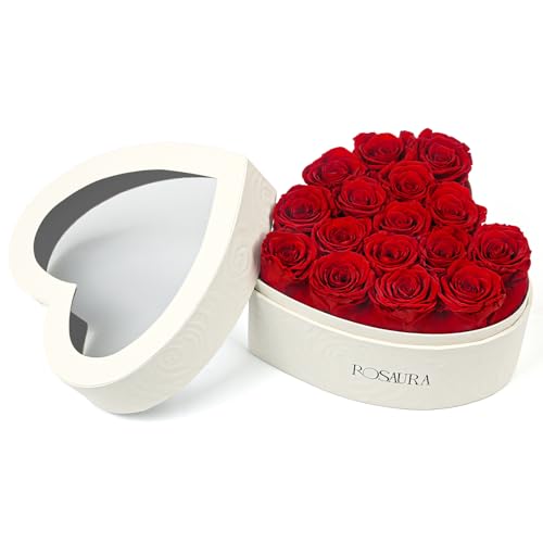 Rosaura Heart-Shaped Preserved Roses Gift Box - Real Forever Flowers for Christmas, Birthday, Valentine's & Mother's Day (red, 16 roses) - color: red, size: 16 roses