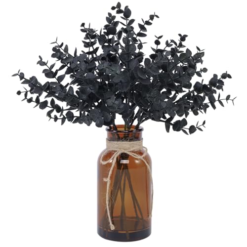 Coferset Black Eucalyptus Stems in Glass Vase with Faux Water for Halloween Decorations, 14" Eucalyptus Fake Plants for Home Bathroom Office Kitchen Farmhouse Shelf Centerpiece Coffee Table Decor - color: Black