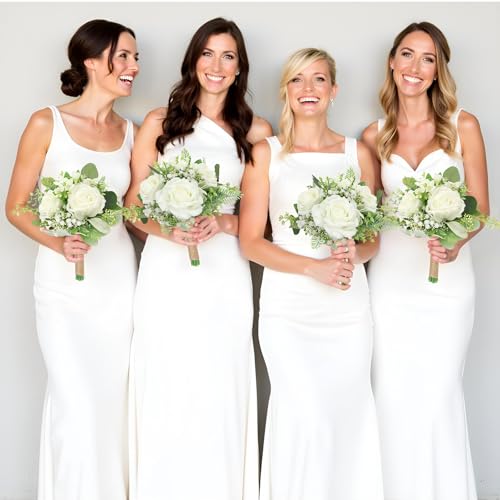 Wedding Bridesmaids Bouquet Set of 2 Artificial Flowers Bouquets for Bridesmaid Pre-Made 7 Inch Faux Small Floral Bouquets Bridal Shower, Wedding, Ceremony, Anniversary - Ivory White - color: Ivory White, size: 2pcs
