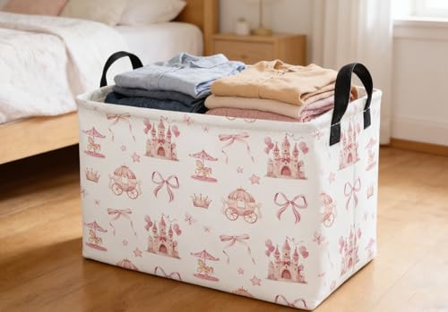 Essme Rectangular Pink Baskets,Girls Storage Box,Cute Basket for Kids with Handles for Room Decor, Book Bins,Shelf Basket.(Castle) - color: Castle