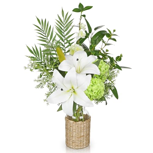 Hollyone Fake Flowers with Vase, Easter Lily Flowers, White Silk Tiger Lily and Hydrangea Artificial Flowers in Vase, Faux Plants and Flowers Arrangement Bouquets for Table Centerpieces Home Decor - color: White