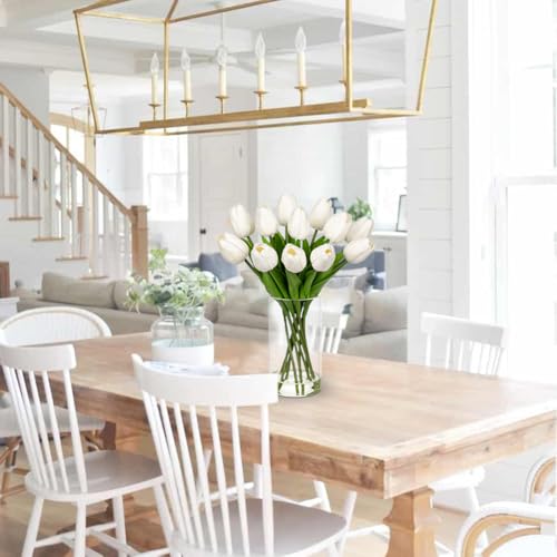 DILATATA 12 Pcs Artificial Real Touch Tulips Flowers in Glass Vase with Faux Water, Tulips Fake Arrangements White Tulips with Vase for Dining Table Home Decor Wedding Centerpieces - color: Cylindrical Vase/White/1 Set