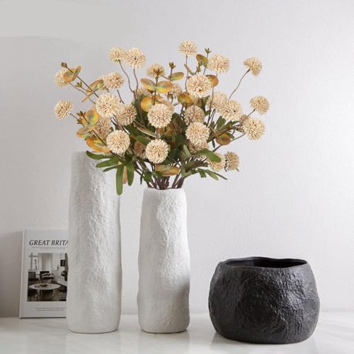 8 Stems Faux Kiku Flower with 3 Branches Eucalyptus Stems,Beige Fake Chrysanthemum Flowers Artificial Silk Pom Pom Balls for Wedding Bouquet Home Office Party Floral Arrangements(Beige) - color: Beige