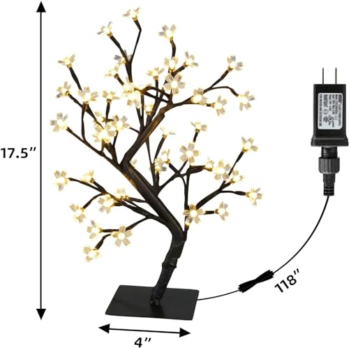 PEIDUO Set of 2 Lighted Cherry Blossom Tree, Light up Bonsai Tree for Christmas Decorations, Warm White Lights Plug in Adapter, Tabletop Night Light Artificial Tree for Indoor Bedroom Living Room - style: 2PK Cherry Blossom Tree