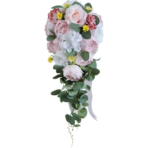 9.8 Inch Cascading Bridal Bouquet Waterfall Cascade Wedding Bouquet Bride with Artificial Rose Peony Flower Rustic Boho Wedding Ceremony Bouquet Pale Pink and White - color: Pale Pink & White