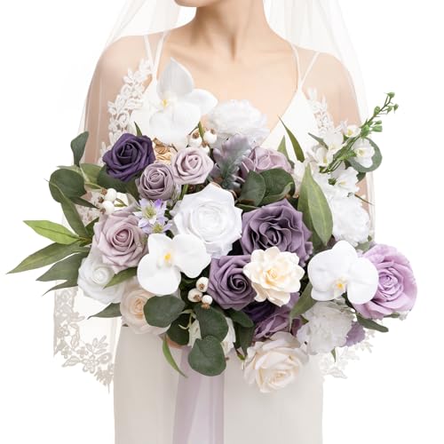 Ling's moment Lilac Wedding Bouquets for Bride, Purple Bridal Bouquets for Bride, 15 Inch Free Form Artificial Wedding Flower Bouquet - color: Prpl-lilac & Gold, size: Medium 15 Inch
