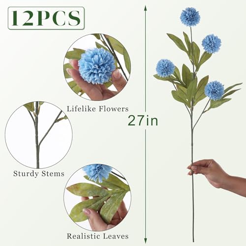 VIERENA 12 Pcs Faux Silk Pompon Mum Artificial Flowers for Vase -27", Bulk Fake Chrysanth Branches with Stems for DIY Bouquet Centerpieces Wedding Fillers Arrangements Shower Decorations (Dusty Blue) - color: Dusty Blue
