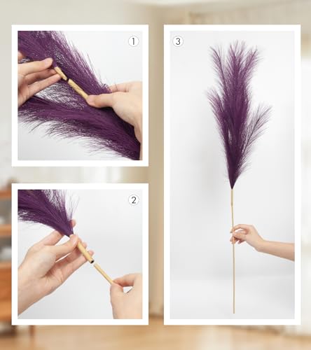 9 Pcs 45" Tall Pampas Grass Purple Decor, Long Stem Artificial Flower Floor Vase Large Faux Floral Pompas Fake Plants Dried Bouquet Arrangement Vase Filler for Boho Home Wedding Decoration - color: 9 Pcs 45" Purple Style