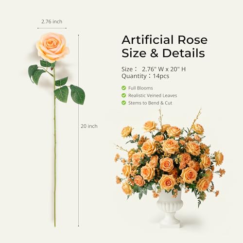 Auihiay 14PCS Champagne Artificial Roses, Realistic Silk Fake Roses Flowers with Long Stem for Father's Day, DIY Bouquets, Home Decor, Baby Shower Party & Wedding Centerpieces - color: Champagne