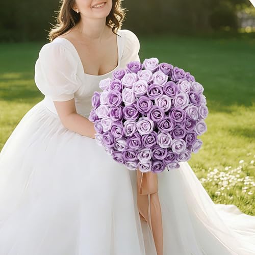 50 PCS Purple Roses Artificial Flowers, Real Looking Fake Roses with Long Stems Silk Flowers for DIY Wedding Bouquet Party Celebration Home Bridal Baby Shower Decoration Birthday Gift for Her Wife - color: Dusty Violet & Pale Lavender