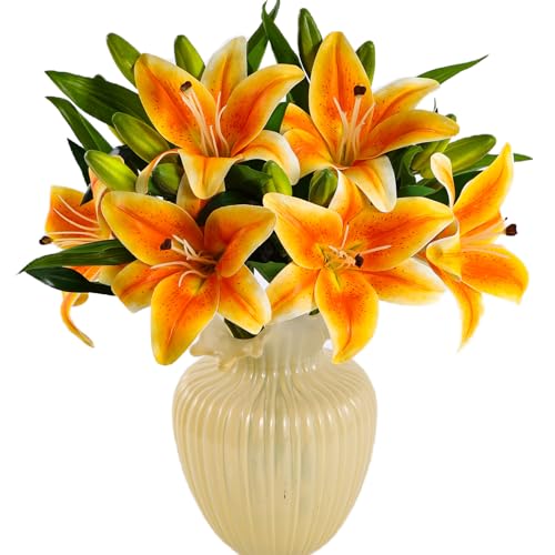 Kimura's Cabin 6Pcs Tiger Lilies Artificial Flowers Real Touch Lily with Stems Fake Flower Faux Lilies Bouquet for Wedding Floral Arrangements Easter Home Table Centerpiece Office Decor(Orange) - color: Orange Yellow