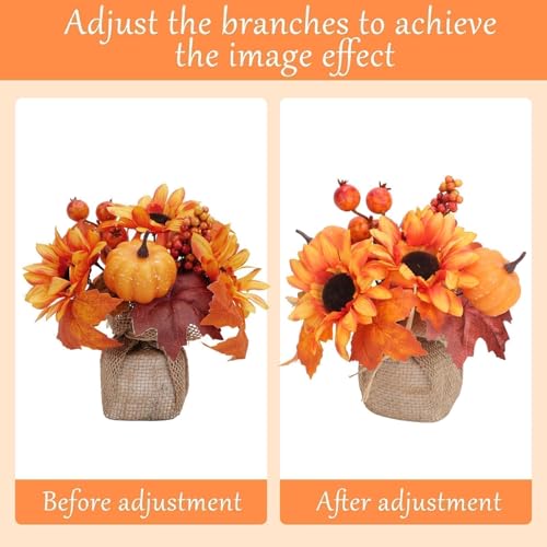 9 Inch Fall Decorations for Home 2 Pack Sunflowers Artificial Flowers with 40 LEDs Potted Autumn Leaves Pumpkin Fall Centerpieces for Tables Shelf Farmhouse Party Thanksgiving Decorations