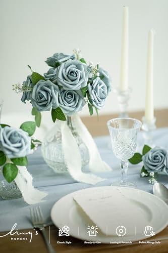 Ling's moment Artificial Roses, Dusty Blue, 3 Inch 25 Pcs | Foam Material, With Stems, DIY Floral, Wedding Bouquet/Centerpieces, Party/Room/Garden Decor - color: Blu- Dusty Blue, size: 25Pcs