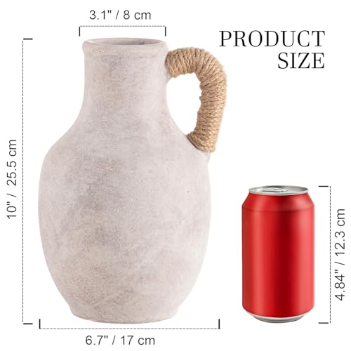 Ceramic Flower Vase Home Decor - Large White Rustic Table Flowers Vases Living Room Bedroom Plant Decorations Farmhouse Vintage for Kitchen Shelf Office Coffee Dining Desk House (10" with Jute Rope) - color: 03-with Hemp Rope-10"