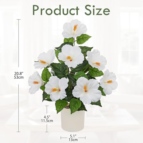 Briful Artificial Hibiscus Potted Plant 20.8” Tall, Realistic Silk Hibiscus Flowers Farmhouse Table Decor, Faux Tropical Flower Plant in Pot for Living Room Table, Entryway, Office, Home Decor, White - color: 20.8'' White