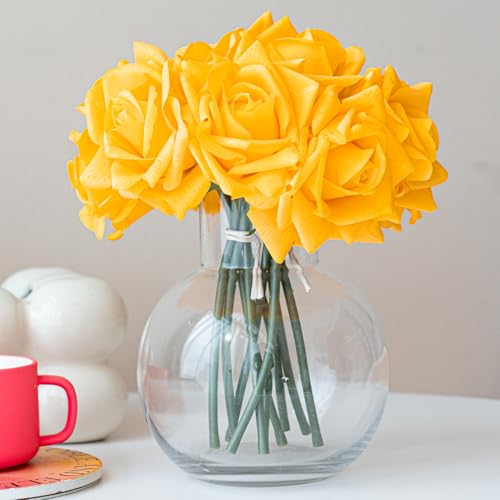 Artificial Roses-10-pcs Soft Touch Fake Flowers with Stems, Realistic Bridal Bouquet & Bulk Home Party Wedding Decor Roses - color: Orange 10pcs