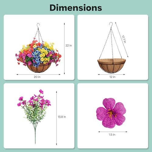 2 Pack Outdoor Artificial Flowers with Hanging Basket, Fake Hanging Flowers for Spring Summer Front Porch Patio Yard Garden Home Decor (Blue, Red, Purple, Yellow)