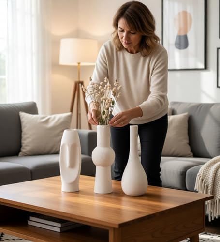 Ceramic Vase Set of 3 White Home Decor Modern Farmhouse Style Living Room Ornament Dining Table Room Pottery Small Vases for Dried Flowers - color: Vt13 White