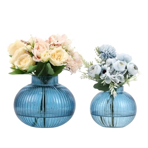 Blue Glass Vases for Tulips, Set of 2, Flower Vases for Bouquet, Ribbed Glass Vase for Flowers, Short Vase for Living Room, Office, Coffee Table, Shelf, Wedding - color: Blue, size: Round+Medium