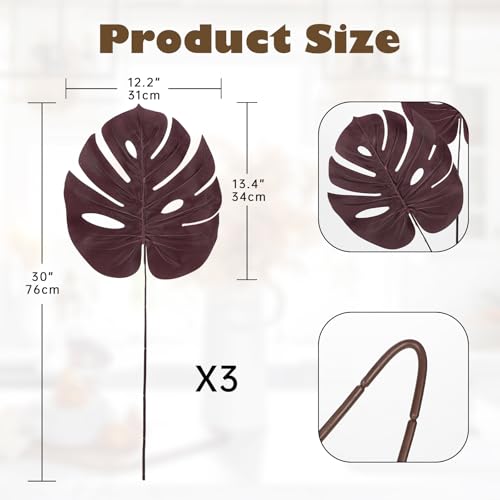 DILATATA Artificial Monstera Leaves with Stems 30" Fall Faux Tropical Leaf Burgundy Silk Monstera Leaves Fake Palm Branches for Home Fireplace Farmhouse Centerpieces Thanksgiving Wedding Autumn Décor - color: 30“ Monstera#burgundy Silk 3pcs