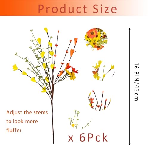 RHN Fall Decorations for Home,6 Pcs Fall Flowers Artificial with Daisies Forsythia Flowers Berry Leaf Stem for Autumn Harvest Thankgiving Home Table Vase Centerpiece Decor（Yellow Orange） - color: Yellow Orange