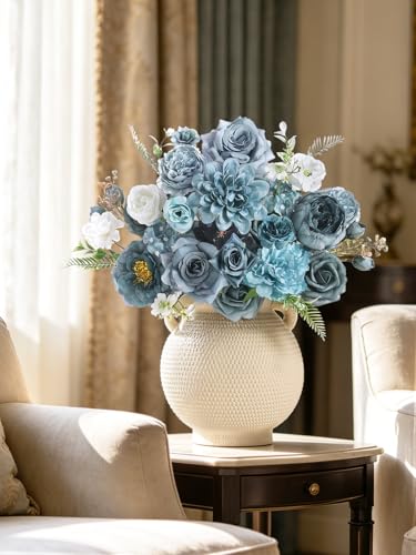 Artificial Flowers Combo Box Set Dusty Blue Silk Floral Arrangements for Wedding Bridal Bouquet, Cake Flowers, Table Centerpieces, Party & Home Decor - color: Dusty Blue White