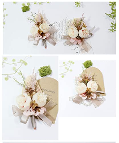 MAFELOE Wrist Corsage & Boutonniere Set, Creamy+Brown+Pink, 2 Pieces | Artificial Flowers, For Groom Bride Groomsmen Bridesmaids, Wedding Party Prom Suit Accessories