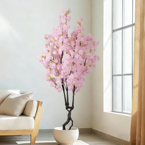 Artificial Pink Cherry Blossom Tree,7ft(84in) Faux Japanese Sakura Indoor Decoration,Natural Fake Cherry Floral Tree Outdoor Decor,Realistic Silk Pink Flowers for Living Room,Office,Wedding Party - color: Cherry Blossom(pink 2), size: 7ft