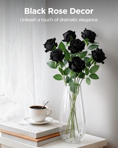 InnoGear 50 Pcs Black Roses Artificial Flowers, Fake Velvet Silk Rose Bulk Faux Flower for Decoration DIY Wedding Centerpieces Proposal Bridal Bouquets Shower Party Home Floral Decor (50, Black) - color: Black